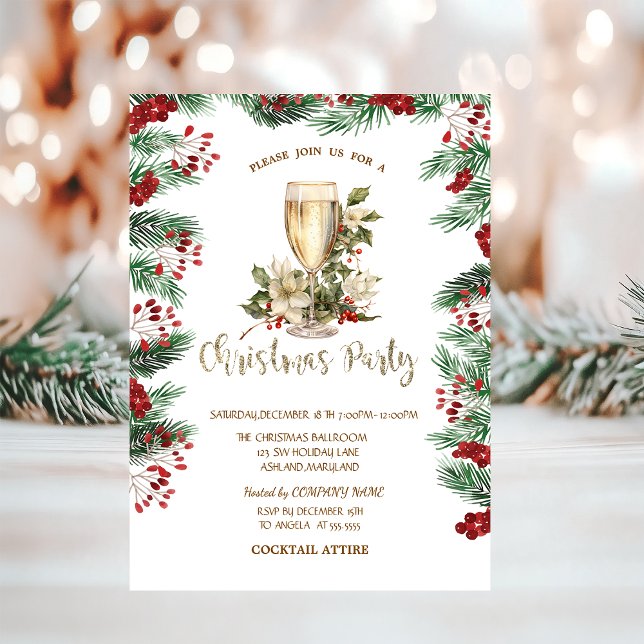 Champagne Holly Berry  Poinsettia Christmas  Invitation (Creator Uploaded)
