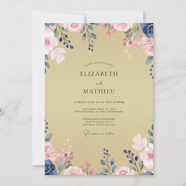 Champagne Indigo Petal Wedding Invitation (Front)