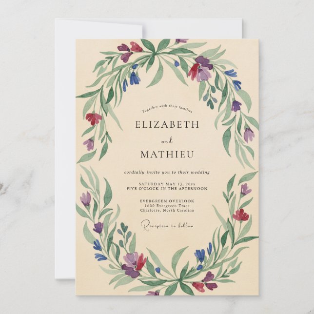 Champagne Indigo Wildflower Wedding Invitation (Front)