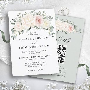 Champagne Ivory Blush Floral Greenery QR Wedding Invitation