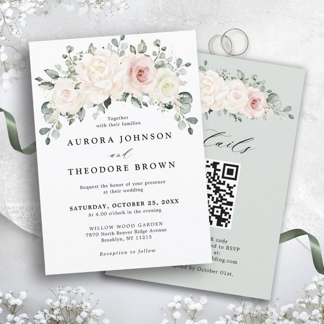 Champagne Ivory Blush Floral Greenery QR Wedding Invitation (Ivory White blush pink floral greenery botanical wedding invitation with QR code RSVP on back)