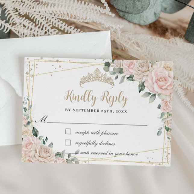 Champagne Ivory Blush Floral Quinceañera Sweet 16  RSVP Card (Creator Uploaded)