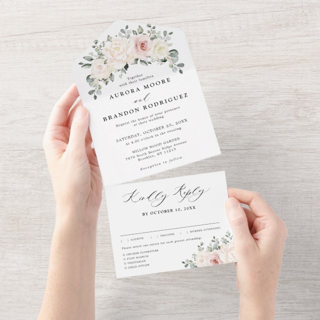 Champagne Ivory Blush Pink Floral Greenery Wedding All In One Invitation (Tearaway)