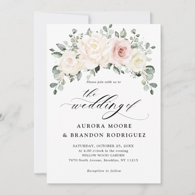 Champagne Ivory Blush Pink Floral Greenery Wedding Invitation (Front)
