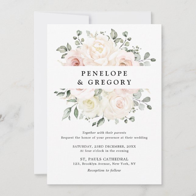 Champagne Ivory Blush Pink Floral Greenery Wedding Invitation (Front)