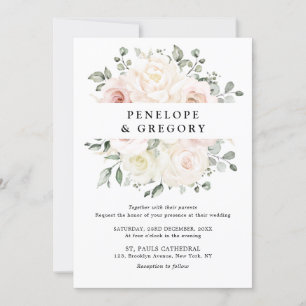 Champagne Ivory Blush Pink Floral Greenery Wedding Invitation