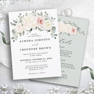 Champagne Ivory Blush Pink Floral Greenery Wedding Invitation