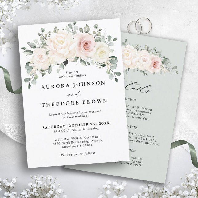 Champagne Ivory Blush Pink Floral Greenery Wedding Invitation (Ivory White blush floral botanical wedding invitation with details on back)