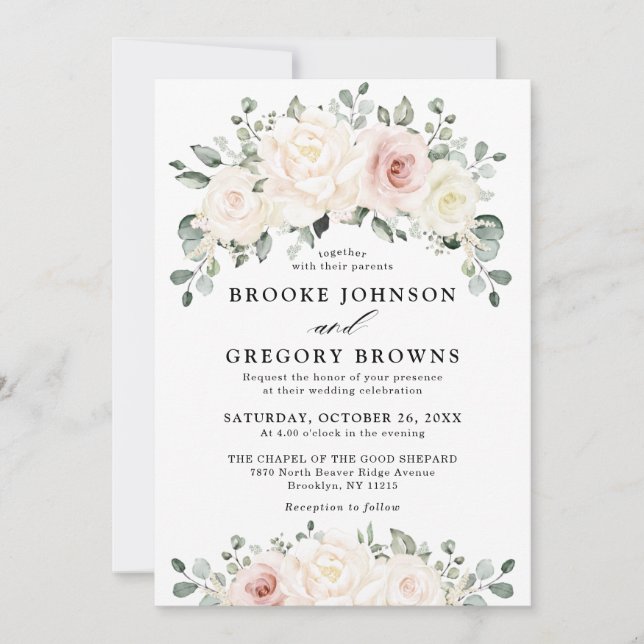 Champagne Ivory Blush Pink Floral Greenery Wedding Invitation (Front)