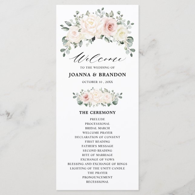 Champagne Ivory Blush Pink Floral Greenery Wedding Programme (Front)