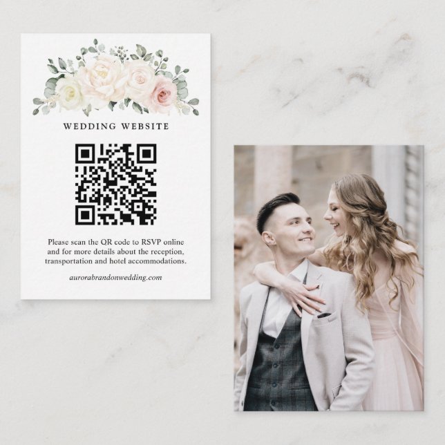 Champagne Ivory Blush Pink Floral QR Code RSVP Enclosure Card (Front/Back)