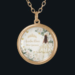 Champagne Ivory Floral Butterflies Quinceañera Gold Plated Necklace<br><div class="desc">This beautiful necklace is the perfect memento for the quince girl featuring enchanting ivory white roses, a girl dressed in a beautiful champagne ivory gown, and fluttering gold butterflies. Personalise it with your own wording easily and quickly, simply press the customise it button to further re-arrange and format the style...</div>