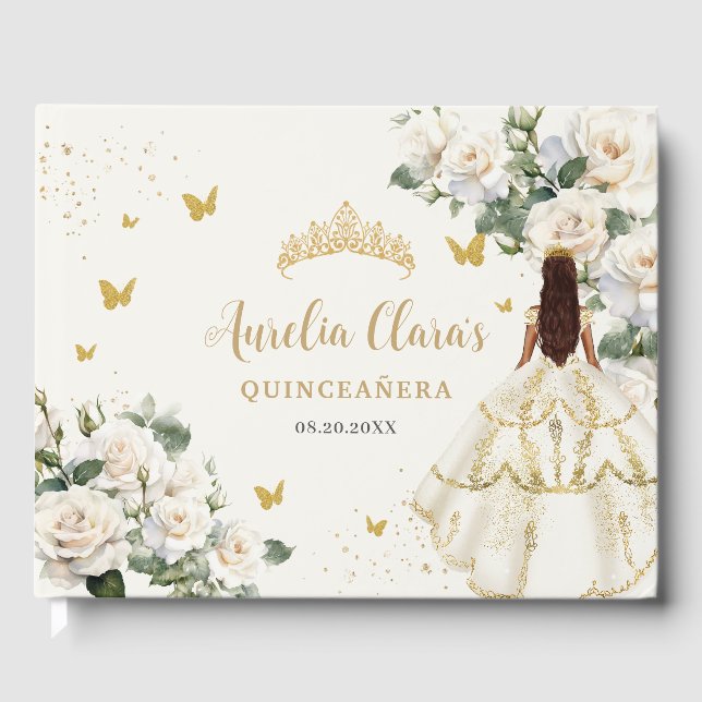 Champagne Ivory Floral Butterflies Quinceañera Guest Book (Front)