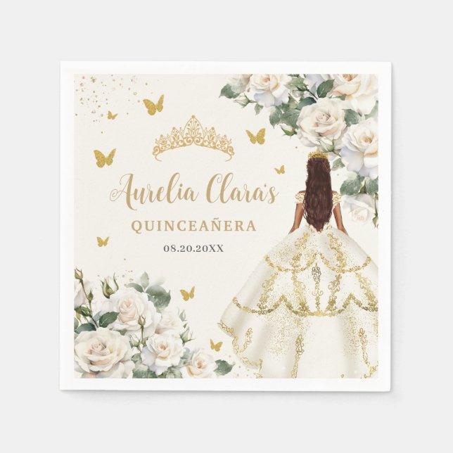 Champagne Ivory Floral Butterflies Quinceañera Napkin (Front)