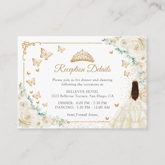 Champagne Ivory Gold Quinceanera Reception Details Enclosure Card (Front)