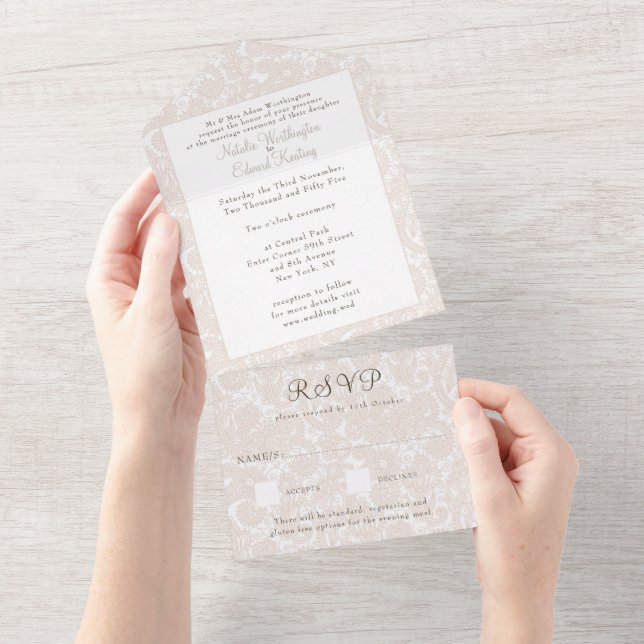 Champagne Ivory Lace Filigree Paisley Wedding RSVP All In One Invitation (Tearaway)