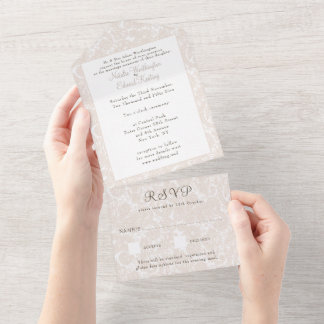 Champagne Ivory Lace Filigree Paisley Wedding RSVP All In One Invitation