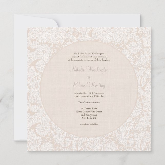 Champagne Ivory Lace Monogram Wedding Invite (Front)