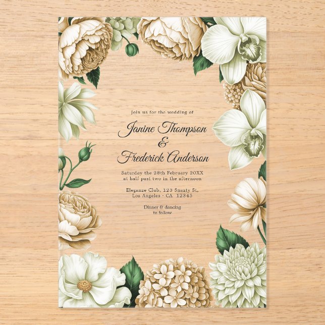 Champagne & Ivory Modern Botanical Wedding Acrylic Invitations (Front)