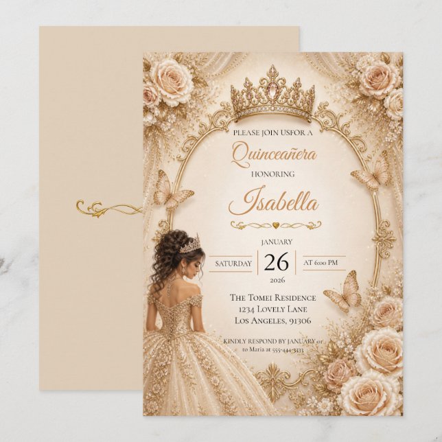 Champagne Ivory Quinceañera  Invitation (Front/Back)