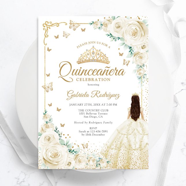 Champagne Ivory Roses Gold Quinceanera Invitation (Creator Uploaded)
