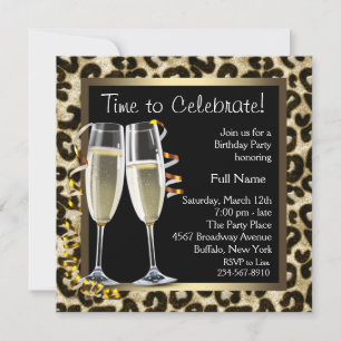 Champagne Leopard Birthday Party Invitations