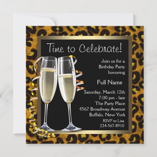 Champagne Leopard Birthday Party Invitations (Front)