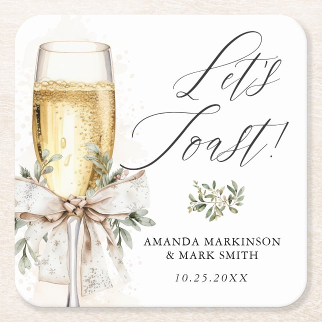 Champagne Let's Toast Winter Engagement Square Paper Coaster (Front)