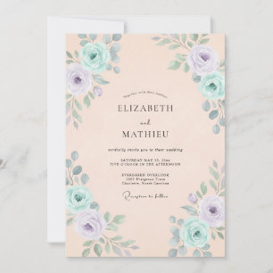 Champagne Lilac Aqua Peony Wedding Invitation