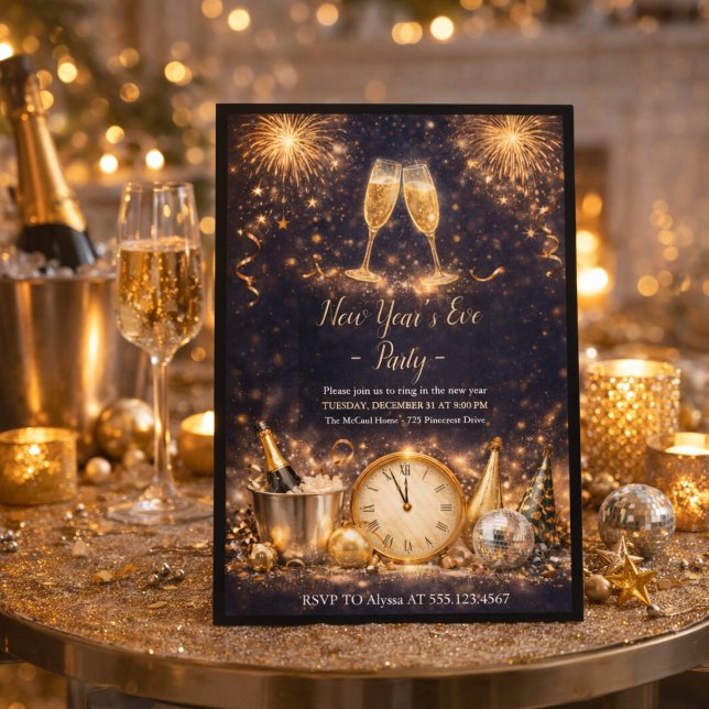 Champagne Midnight Toast Invitation (Ring in the new year with champagne, fireworks, and a glowing midnight celebration)