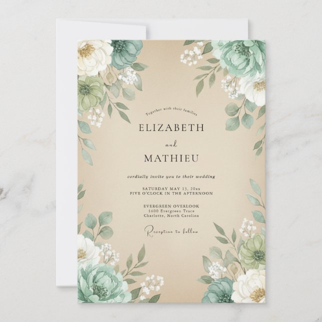 Champagne Mint Foliage Eucalyptus Wedding Invitation (Front)
