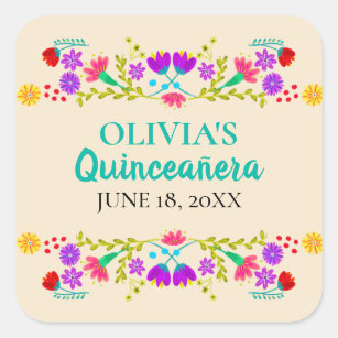 Champagne Mis Quince Anos Mexican Fiesta Flowers Square Sticker