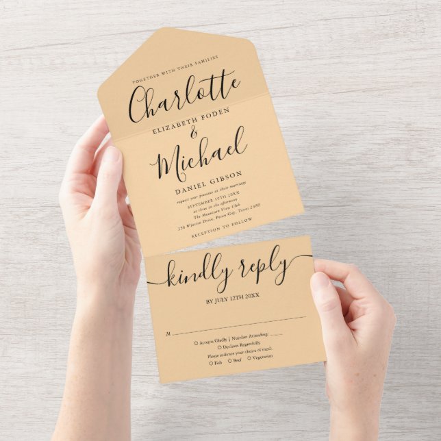 Champagne Modern Script Minimalist Wedding All In One Invitation (Tearaway)