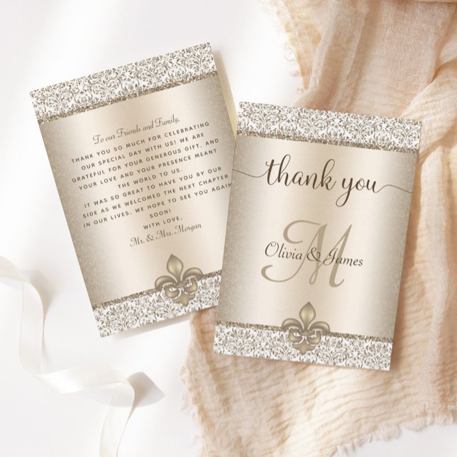 Champagne Monogram Fleur de Lis Wedding Thank You Card (Creator Uploaded)