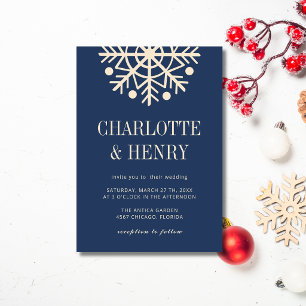 Champagne & Navy Blue Simple Snowflake Wedding Invitation