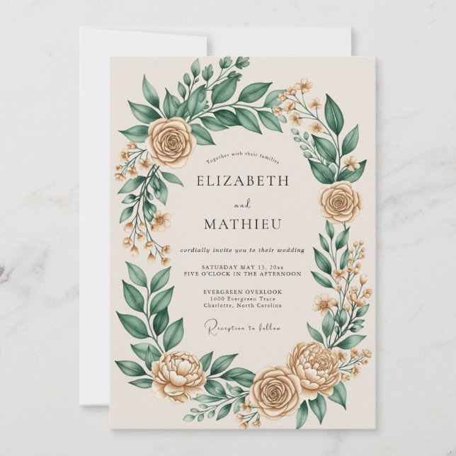 Champagne Ornate Botanical Wedding Invitation (Front)