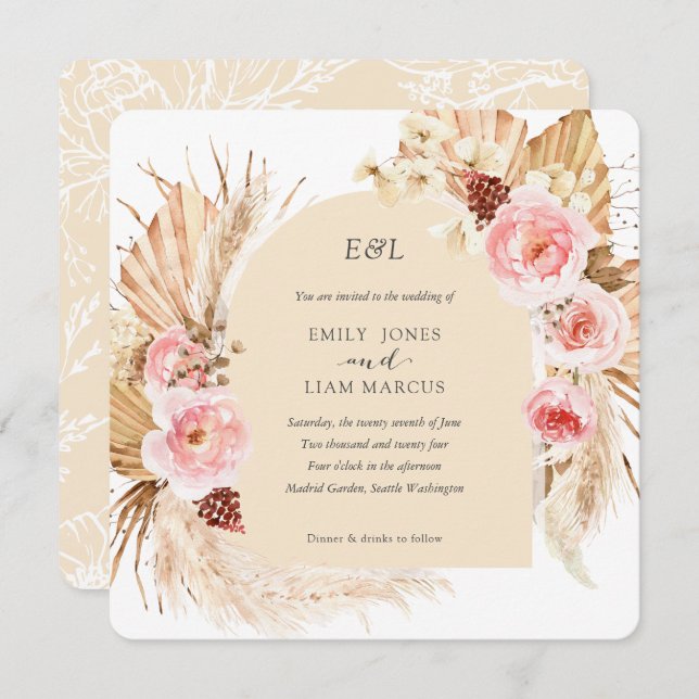 Champagne Pampas Grass Boho Floral Square Invitation (Front/Back)
