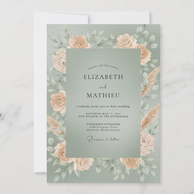 Champagne Pampas Grey Eucalyptus Wedding Invitation (Front)
