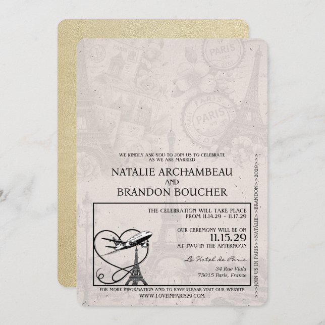 Champagne Paris Passport Wedding Invitation (Front/Back)