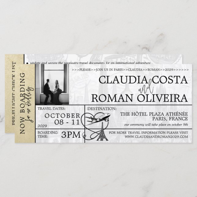 Champagne Paris Wedding Boarding Pass Invitation (Front/Back)
