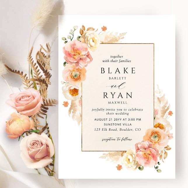Champagne, Peach, Blush Cream Floral Chic Wedding  Invitation (Creator Uploaded)
