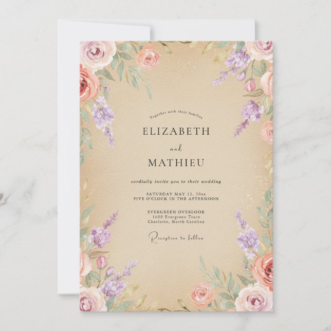 Champagne Peach Bouquet Eucalyptus Wedding Invitation (Front)