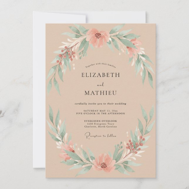 Champagne Peach Foliage Eucalyptus Wedding Invitation (Front)