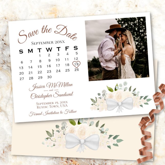 Champagne Peach Roses Calendar & Photo Wedding Save The Date (In Situ Front/Back)