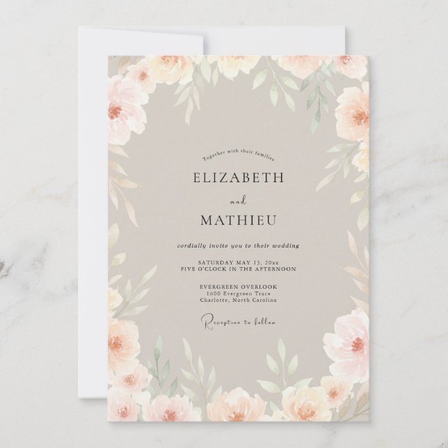 Champagne Peach Soft Floral Wedding Invitation (Front)