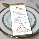 Champagne Peach Watercolor Floral Elegant Wedding Menu<br><div class="desc">This beautiful wedding menu features a rustic boho chic design with a script calligraphy title and a cluster of hand painted watercolor roses, blossoms, and greenery in shades of pale peach, or champagne blush. The text is completely customisable with space for the couple's name & wedding date on the back....</div>