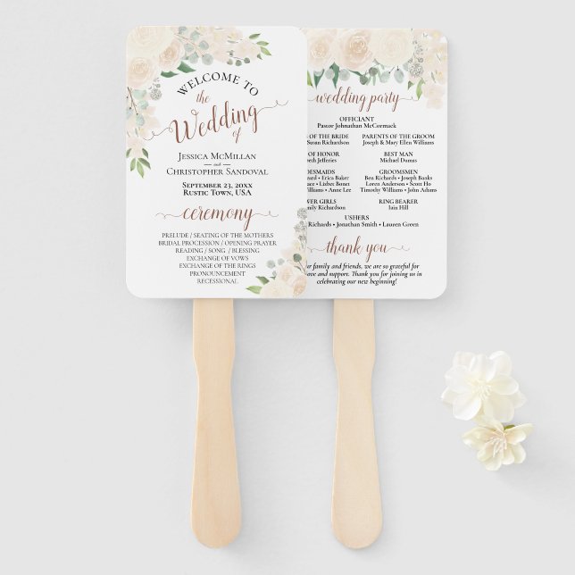 Champagne Peach Watercolor Floral Wedding Program Hand Fan (Front and Back)
