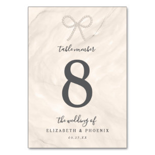 Champagne Pearl Bow Elegant Luxury Wedding Table Number