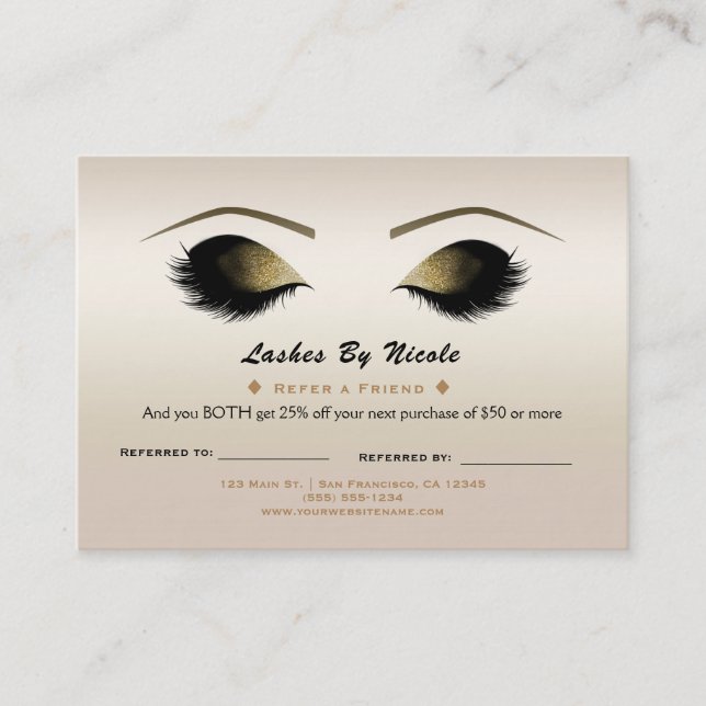 Champagne Pearl Lashes Refer Friend Aftercare Referral Card (Front)