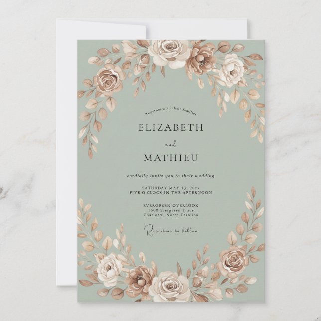 Champagne Peony Celadon Wedding Invitation (Front)